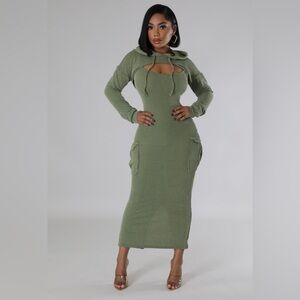 2 Piece Ribbed Dress Set/w Hoodie